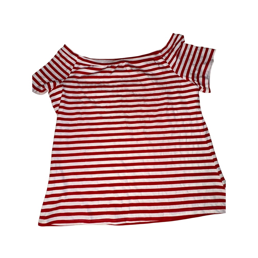 Womens Red White Striped Off The Shoulder Short Sleeve Top XXL Nautical Boho